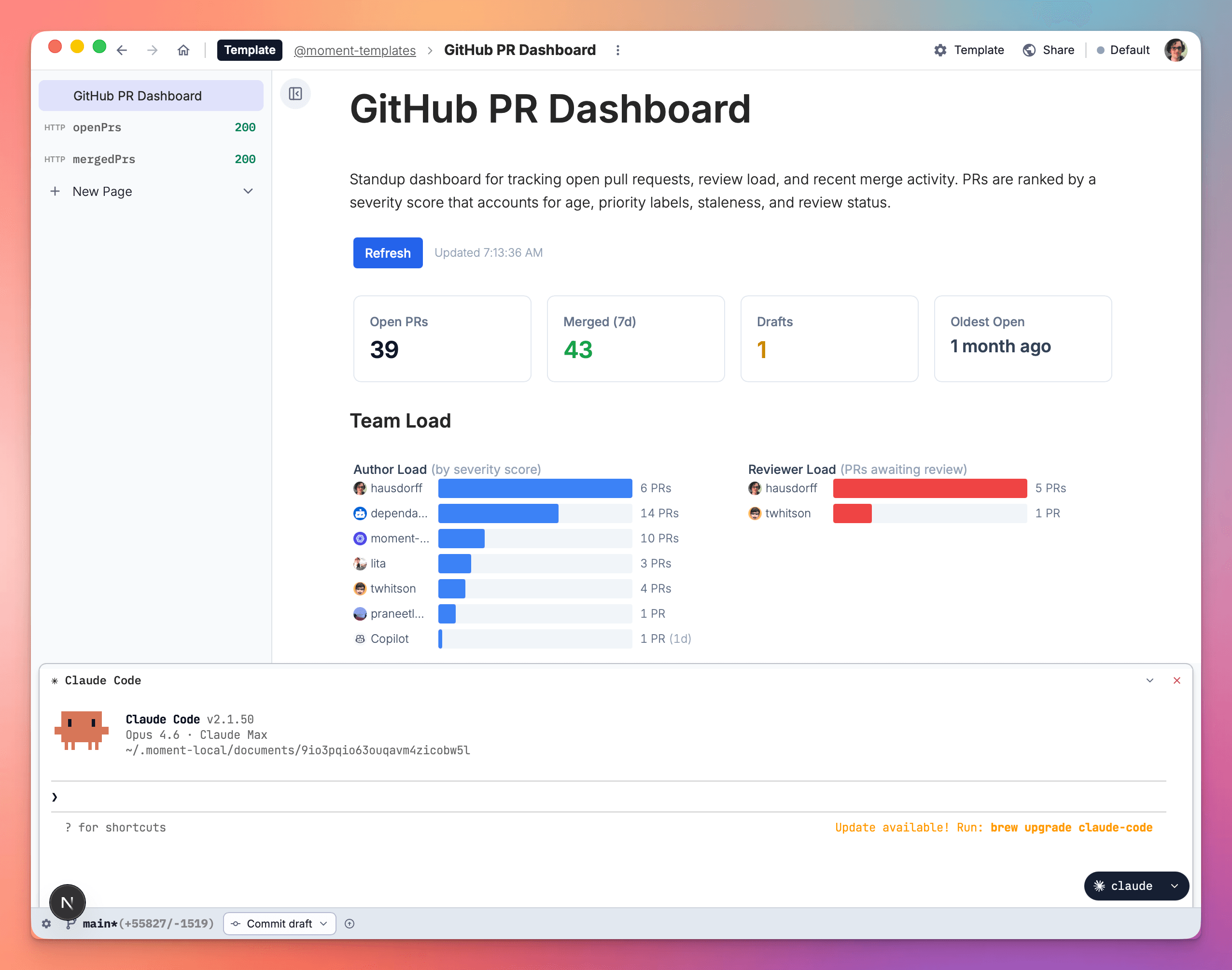 GitHub PR Dashboard built in a Moment document